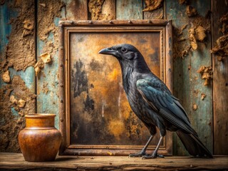 Rustic Product Photography Featuring a Black Crow Painting on a Weathered Wall, Ideal for Nature and Home Decor Themes, Capturing the Essence of Vintage Aesthetics