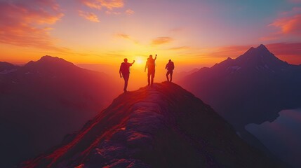 Fototapeta premium Friends enjoying a sunset view from a mountain peak, taking selfies and marveling at the scenery, vibrant sky hues, sense of accomplishment
