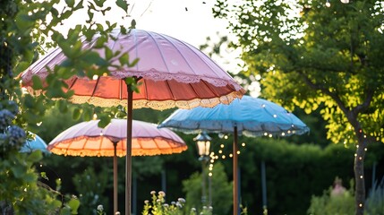 Stylish parasols adding charm to a garden scene