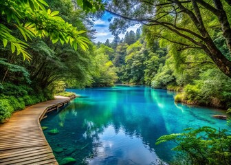 Fototapeta premium Serene Blue Lagoon Forest Pathway Through Lush Greenery, Capturing the Essence of Nature's Tranquility and Minimalist Aesthetics for a Calming Escape