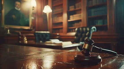 Obraz premium A gavel rests on a polished wooden desk in a classic law office, surrounded by shelves of books and a portrait.