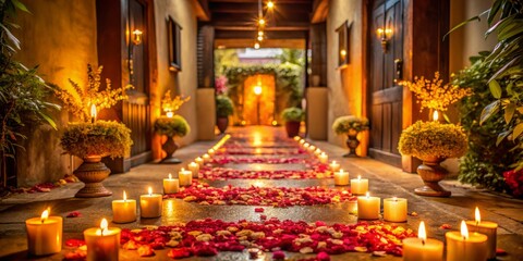Obraz premium Serene Diwali Pathway Adorned with Candles and Flower Petals Leading to a Beautifully Decorated Entrance in a Warmly Welcoming Atmosphere of Festivity