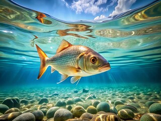 Naklejka premium Serene Low Poly Fish Swimming in Crystal Clear Water with Gentle Ripples Creating a Tranquil Aquatic Scene for Nature and Marine Life Photography