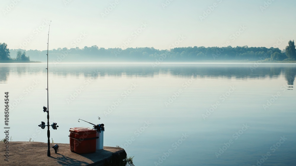 Poster a tidy fishing setup with rods and tackle neatly arranged beside a calm lake, a serene lakeside with