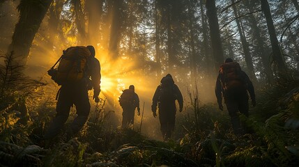 Group exploring a dense forest, natural light streaming through tall trees, sense of wonder and discovery, immersive outdoor experience