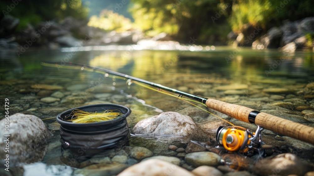 Poster a tidy fly fishing setup with rods and flies neatly placed by a clear stream, a peaceful riverside w