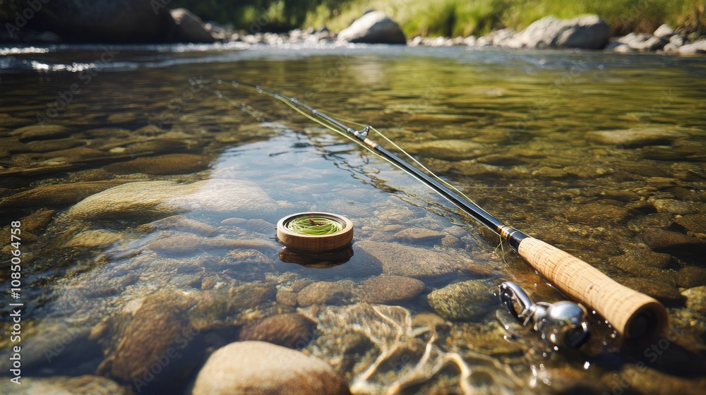Poster a tidy fly fishing setup with rods and flies neatly placed by a clear stream, a peaceful riverside w