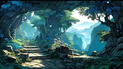 Obraz premium ゲーム背景 山奥にある冒険者の道と階段