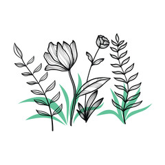 Botanical line art drawing background with Foliage, Rose, peonies flower and leaves. Floral foliage for wedding invitation, wall art, poster, banner template. Vector illustration. Aesthetic Luxury art