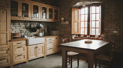 Rustic Kitchen with Natural Wood Cabinets and Farm Style