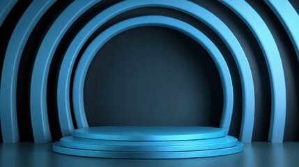 Fototapeta premium Abstract podium setup in minimal 3D style, ideal for product presentations, with a blue background for visual contrast