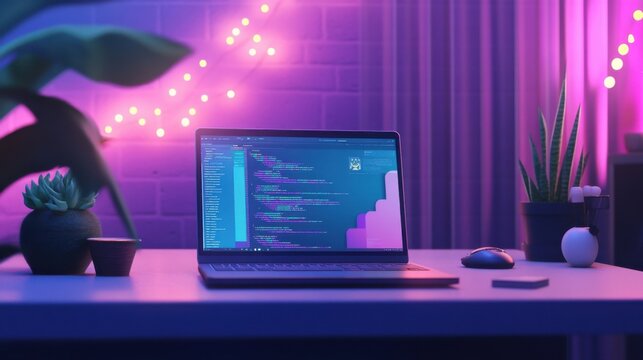 3D minimalist laptop mockup showcasing coding and software development in a cartoon-style design for UI/UX developers