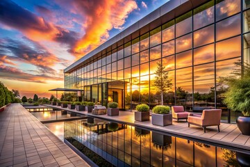 Fototapeta premium Stunning panoramic view of a modern building featuring reflective glass, surrounded by a serene outdoor area at sunset, highlighting the beauty of contemporary architecture and nature's tranquility.