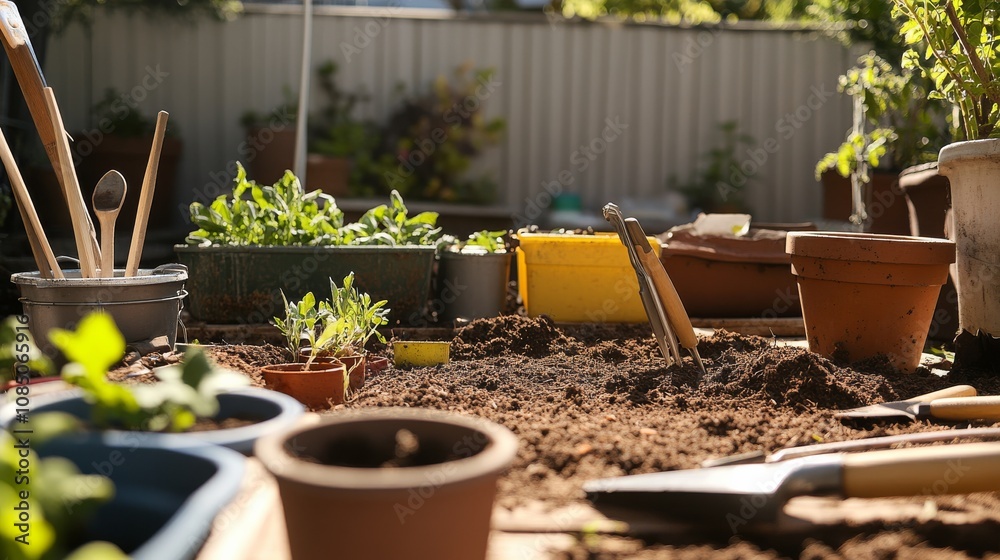 Poster a tidy gardening setup with neatly placed seeds, pots, and tools ready for planting