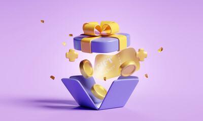 Open the gift box with many gold coins, confetti, and a gift voucher on a violet background. Celebration, congratulations, bonus, and jackpot, special gift. 3d rendering 