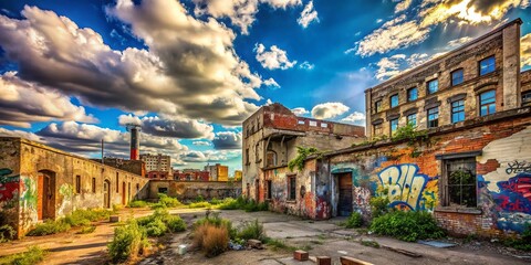 Fototapeta premium Urban Exploration Photography Featuring Clear Skies and Cumulus Clouds Over Abandoned Buildings and Cityscapes, Capturing the Beauty of Urban Landscapes in Natural Light