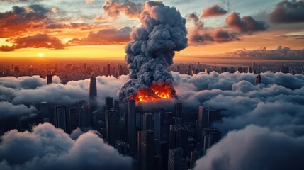 Urban Landscape with Dramatic Smoke and Flames