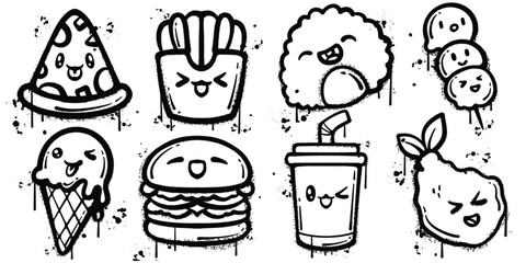 Set of graffiti spray paint fast food elements vector illustration