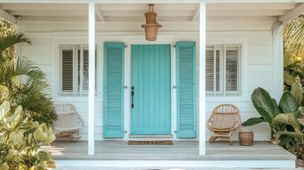 Beach house with aqua blue shutters, creating a light and breezy coastal look