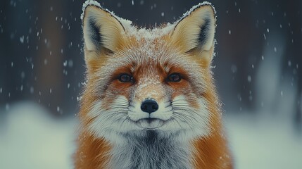 Obraz premium Majestic Red Fox Amidst Soft Snowfall with Snow-Covered Landscape, Capturing the Beauty of Nature and Winter Wildlife in a Serene Environment
