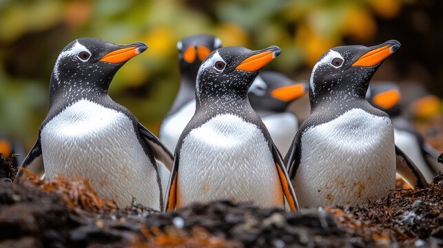 Group of elegant gentoo penguins with bright orange beaks standing together on a rocky surface, showcasing their vibrant markings and social behavior in a natural habitat. - Powered by Adobe
