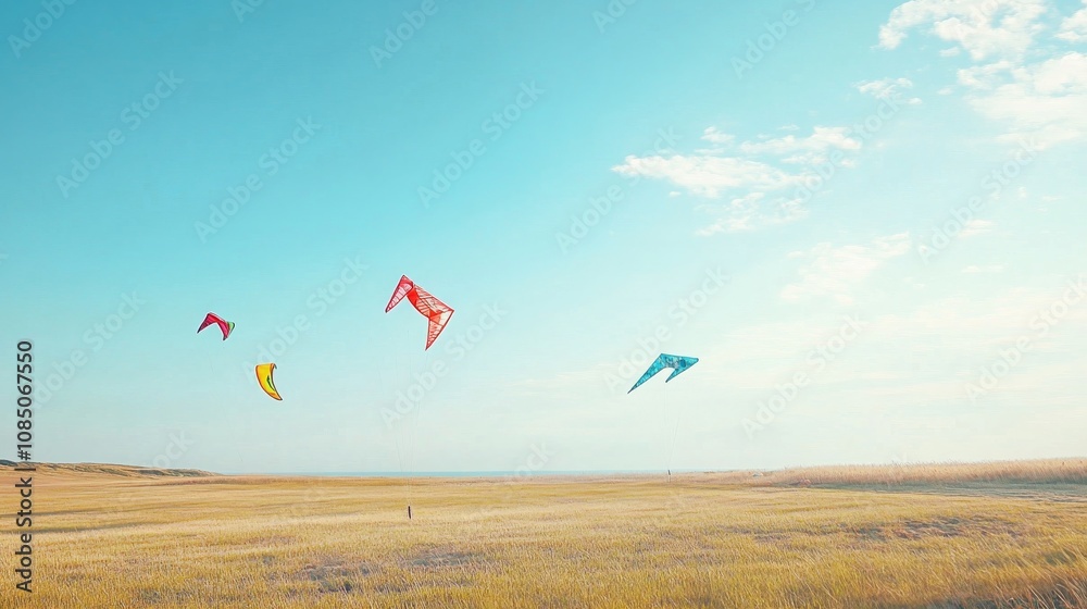 Aufkleber a tidy kite flying setup with kites and strings neatly laid out, a breezy open field with a clear, b