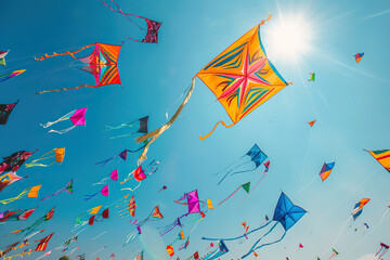 Beautiful greeting card with colorful kites soaring high above vibrant sky to holiday composition