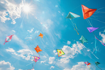 Beautiful greeting card with colorful kites soaring high above vibrant sky to holiday composition