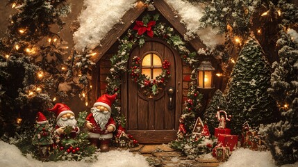 Cozy and Festive Christmas Scene Featuring Adorable Santa Statues, Snow-Covered Cottage, Twinkling Lights, and Beautiful Holiday Decorations in a Serene Winter Environment