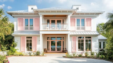 Fototapeta premium Chic beach house with pastel pink shutters on windows, adding a fun and playful touch