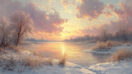 Serene Winter Landscape at Sunset with Golden Reflections on a Frozen River Surrounded by Snow-Covered Trees and Warm Colored Clouds