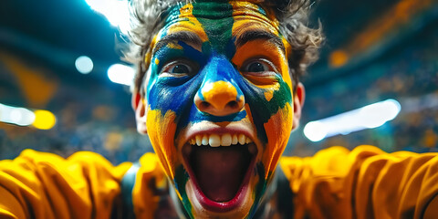 A selfie of an excited fan with face painted in the colors,