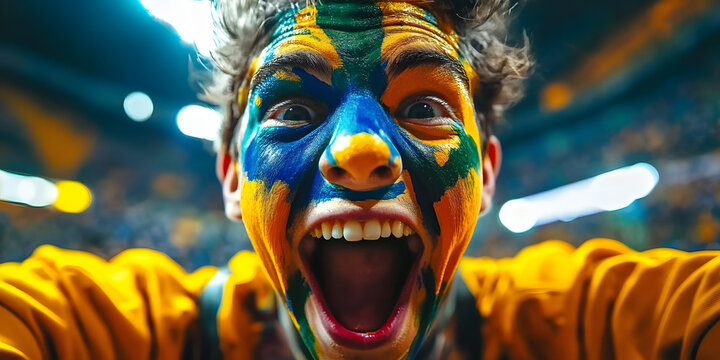 A selfie of an excited fan with face painted in the colors,