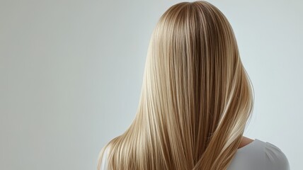 Naklejka premium Beautiful model girl with blond hair strand,silky healthy chestnut wavy golden hair strand,hair wavy ribbon,Keratin straightening,Treatment,straight long hair,procedures,Smooth hairstyle.
