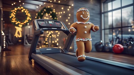 Gingerbread Cookie Figurine Utilizing Treadmill in Cozy Fitness Studio with Holiday Decor and Warm Ambiance for Cheerful and Whimsical Themes