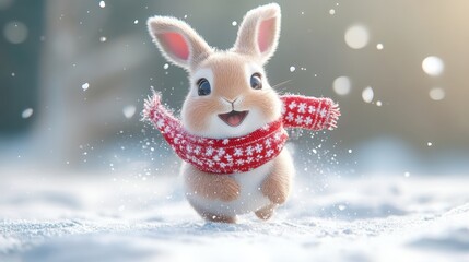 Fototapeta premium Adorable Bunny in Red Scarf Enjoying a Snowy Winter Wonderland with Falling Snowflakes