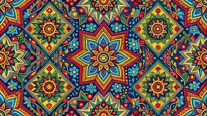 Vibrant Geometric Pattern Featuring Bold Shapes and Colors for Modern Textiles, Wallpaper, and Fashion Design Inspiration in a Captivating Composition