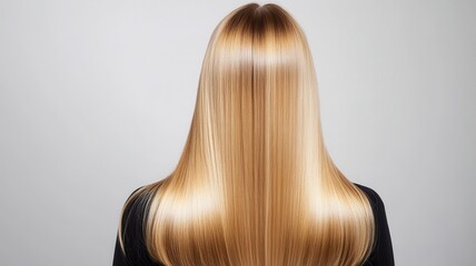 Naklejka premium Beautiful model girl with blond hair strand,silky healthy chestnut wavy golden hair strand,hair wavy ribbon,Keratin straightening,Treatment,straight long hair,procedures,Smooth hairstyle.