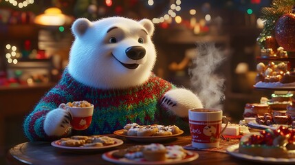 Obraz premium Festive Polar Bear Enjoying Hot Cocoa and Cookies in Cozy Holiday Setting with Colorful Decorations and Warm, Cheerful Atmosphere