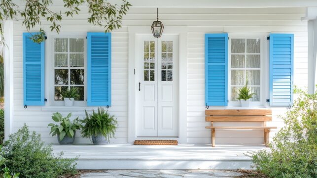 Coastal home with blue shutters, capturing a beachy vibe and relaxed style on white siding