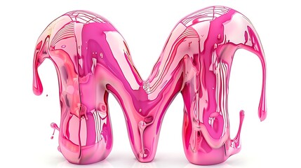 A glossy, pink liquid forming the letter "M" with a dripping effect, showcasing a vibrant and playful design.