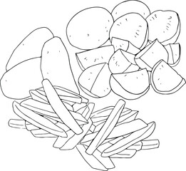 Set of Russet Potatoes, Farm fresh Potato product emblem for grocery shop, Slides, long and cross sections, simple flat vector illustration of vegetables and fruits. Black line vector