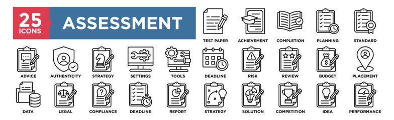 Assessment icon collection set. Containing design Test Paper, Achievement, Completion, Planning, Standard