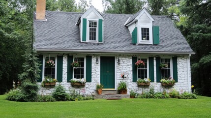 Country house with green shutters, flower boxes, and a charming, welcoming exterior