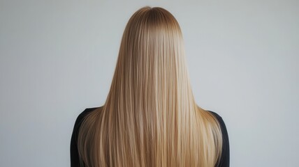Naklejka premium Beautiful model girl with blond hair strand,silky healthy chestnut wavy golden hair strand,hair wavy ribbon,Keratin straightening,Treatment,straight long hair,procedures,Smooth hairstyle.