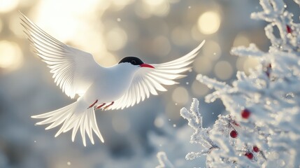 Obraz premium Graceful Arctic Tern in Flight Amidst Snowy Winter Landscape with Sunlit Wings and Frosty Branches