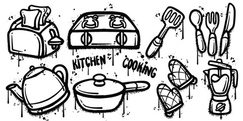 Set of graffiti spray paint kitchen cooking elements vector illustration © Myuser artwork