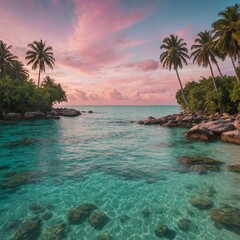 A tropical beach with crystal-clear turquoise water, lush palm trees, and a soft pink sunset.
