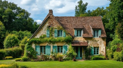 Fototapeta premium Farmhouse with rustic green shutters on windows, blending charm with a touch of nature