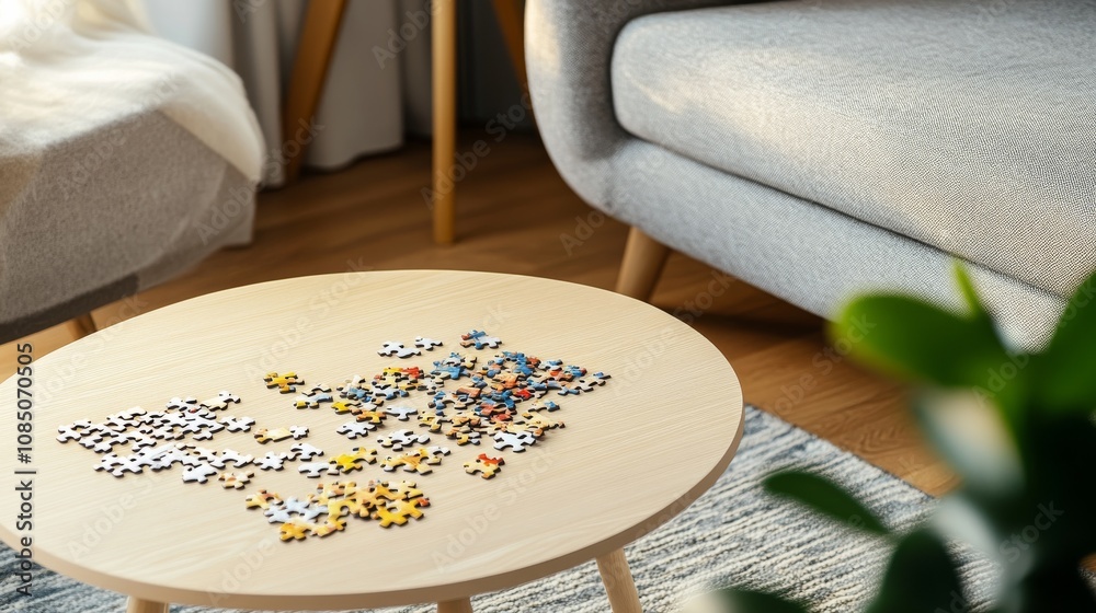 Aufkleber A tidy puzzle workspace with puzzle pieces and a partially completed puzzle neatly arranged on a table, A cozy room with soft ambient lighting and comfortable seating, Minimalist recreational style